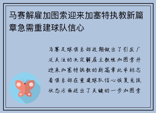 马赛解雇加图索迎来加塞特执教新篇章急需重建球队信心 马赛解雇加图索迎来加塞特执教新篇章急需重建球队信心