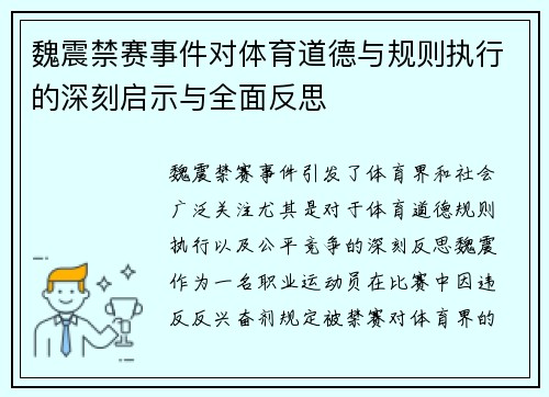 魏震禁赛事件对体育道德与规则执行的深刻启示与全面反思